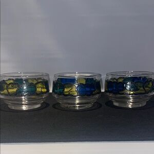 Set of Three Glass Candle Holders with Blue and Yellow Design